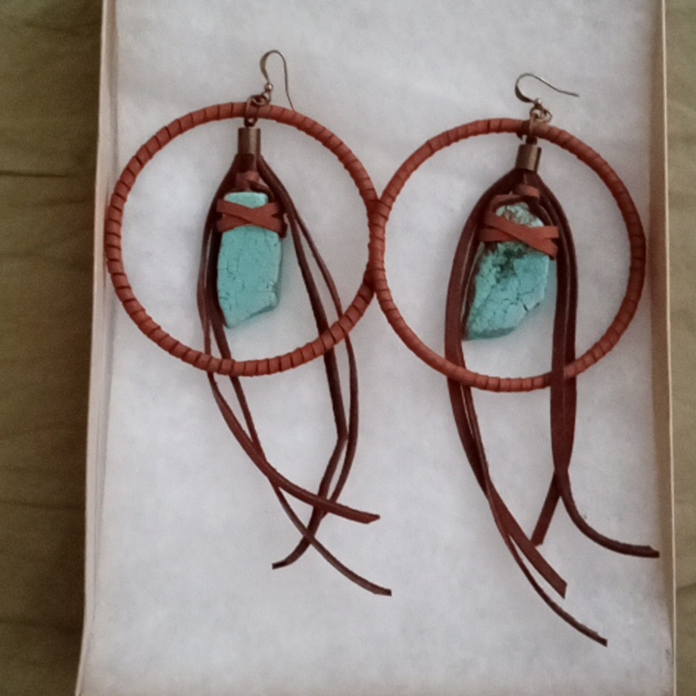 Large Hoops Simulated Turquoise Earrings - image 1